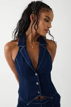 Tops^Frankies Bikinis Charly Denim Halter Top Blue Denim