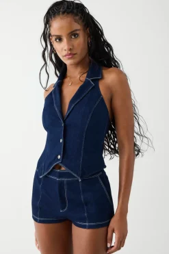 Tops^Frankies Bikinis Charly Denim Halter Top Blue Denim