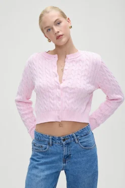 Tops|Cloud Knits^Frankies Bikinis Dudley Cable Knit Cardigan Cozy Pink