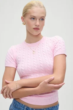 Tops|Cloud Knits^Frankies Bikinis Mulholland Cable Knit Sweater Cozy Pink