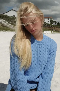 Tops|Cloud Knits^Frankies Bikinis Varsity Cable Knit Sweater Blue Moon