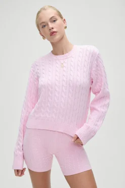 Tops|Cloud Knits^Frankies Bikinis Varsity Cable Knit Sweater Cozy Pink